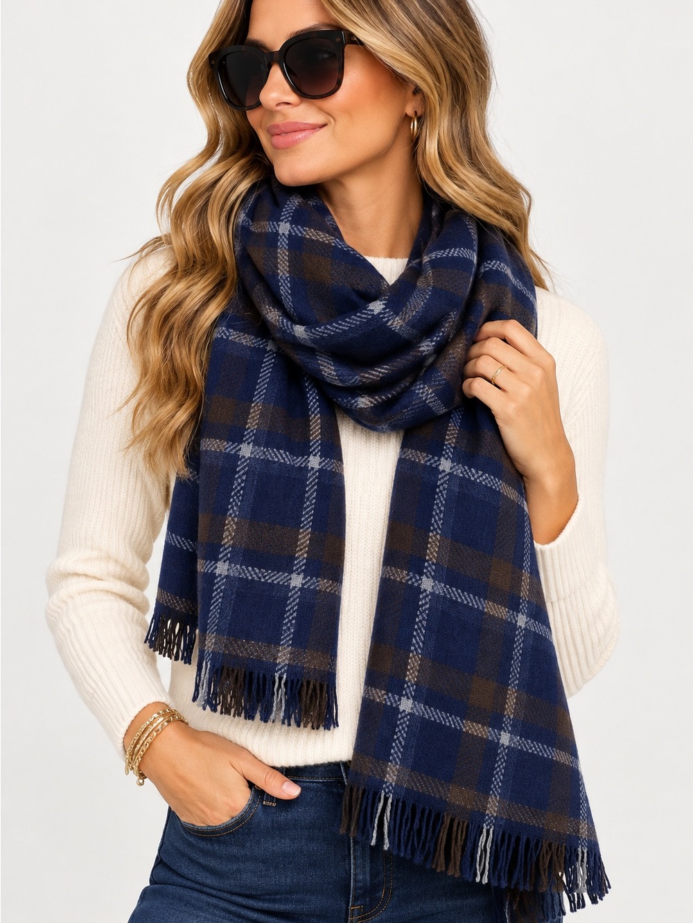 NWT Coach Wool Navy and Brown Plaid Fringe Scarf $148